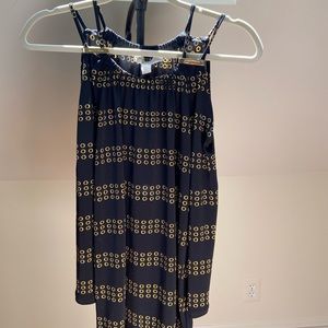 Classy Michael Kors top in rich black w/ gold-circled pattern throughout.